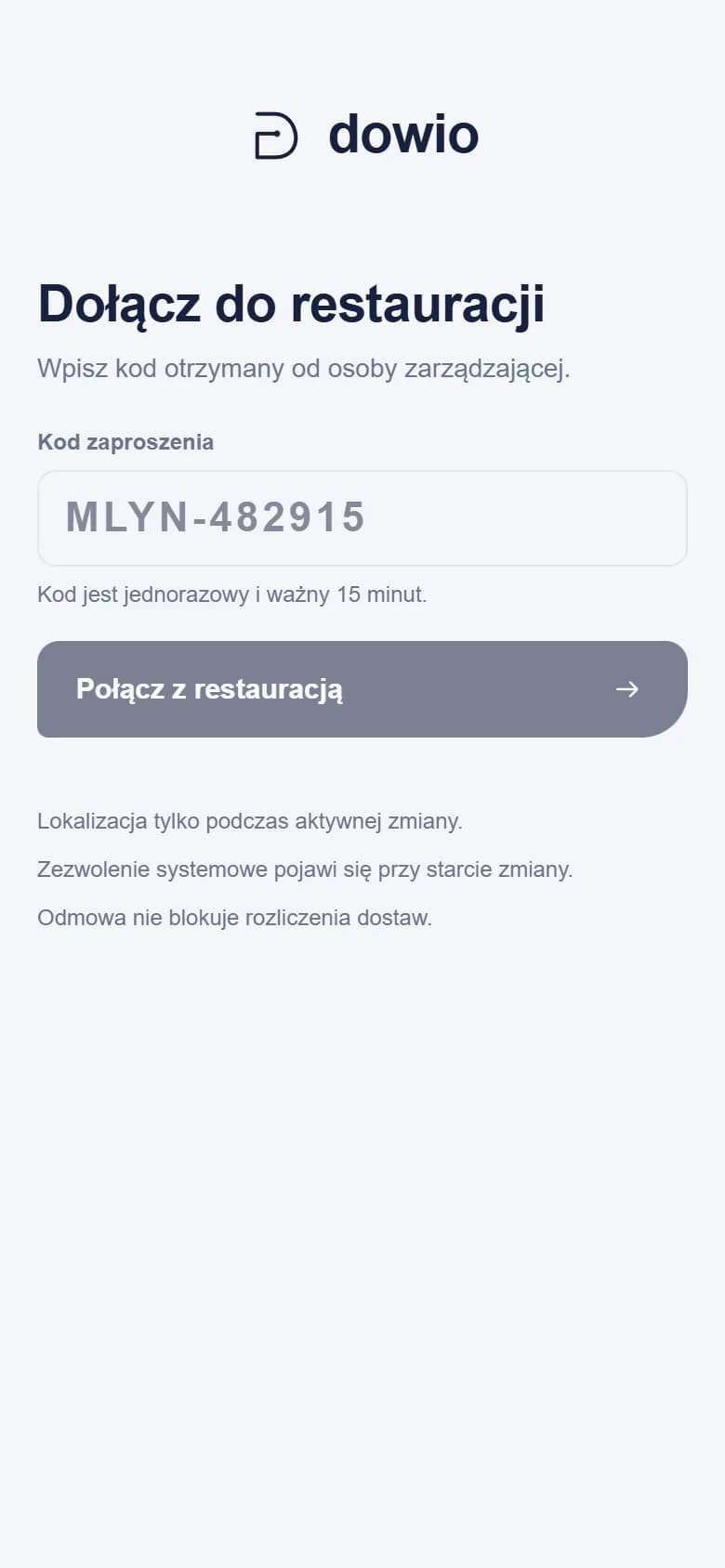 Aplikacja kuriera Dowio: ekran „Dołącz do restauracji” z polem kodu zaproszenia.