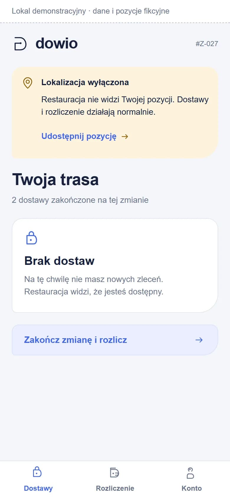 Aplikacja kuriera Dowio: ekran „Twoja trasa” z informacją o wyłączonej lokalizacji i przyciskiem zakończenia zmiany.