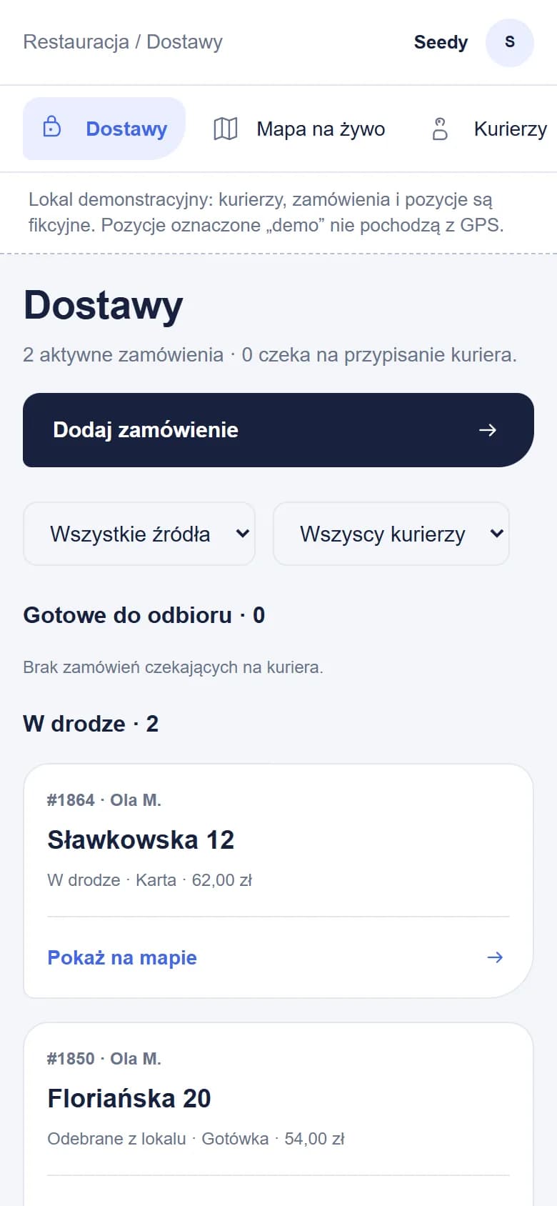 Panel restauracji Dowio na telefonie: lista dostaw w drodze i przycisk dodania zamówienia.