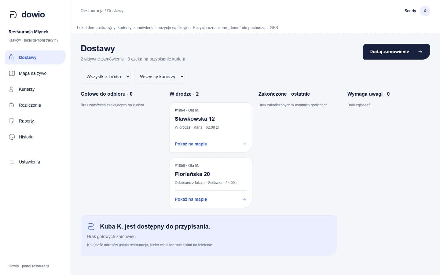 Panel Dowio, widok Dostawy: kolumny Gotowe do odbioru, W drodze, Zakończone i Wymaga uwagi z kartami zamówień.