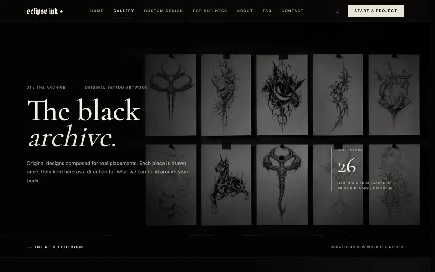 Galeria „The black archive”: siatka czarno-białych wzorów i licznik 26 prac.