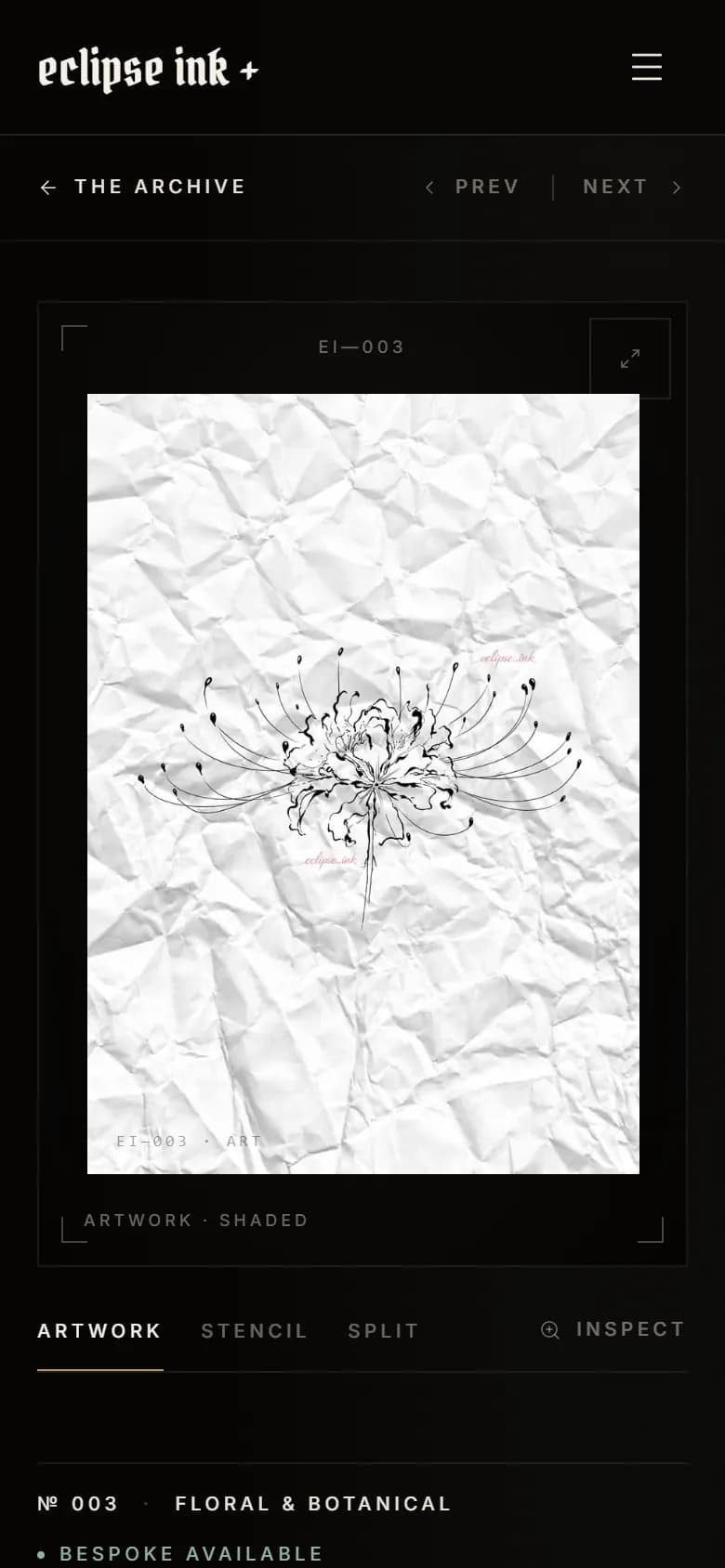 Strona wzoru na telefonie: grafika na całą szerokość i przełącznik artwork / stencil / split.