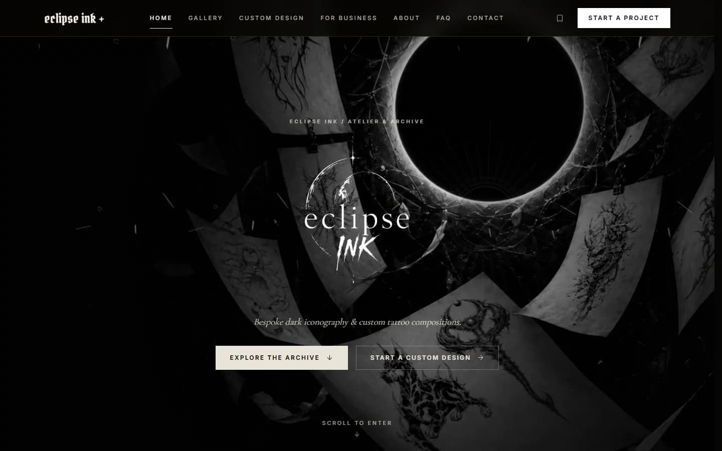 Pierwszy ekran Eclipse Ink po wejściu: logo na tle zaćmienia, opis marki i dwa przyciski — archiwum i projekt na zamówienie.