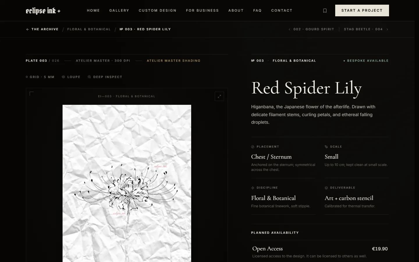 Strona wzoru Red Spider Lily: grafika na papierze, opis, miejsce na ciele, skala i planowana licencja.