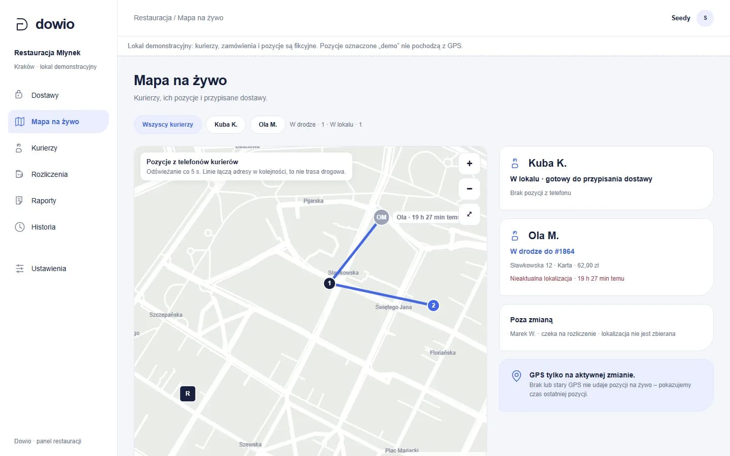 Panel Dowio, Mapa na żywo: mapa Starego Miasta w Krakowie z pozycją kurierki, ponumerowanymi adresami i listą kurierów obok.