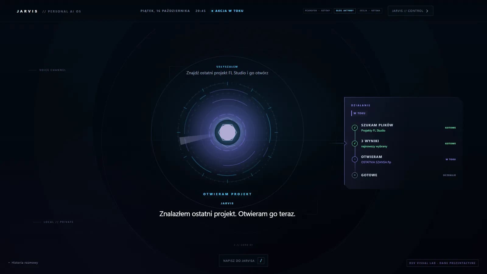 JARVIS podczas wykonywania akcji: fioletowy rdzeń i panel z krokami szukania i otwierania pliku.