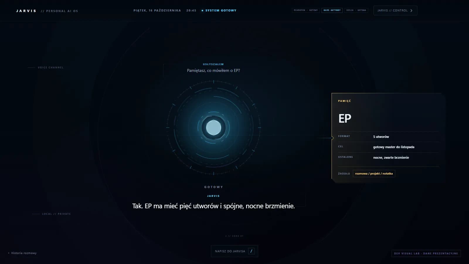 JARVIS z panelem pamięci: zapisany kontekst projektu z formatem, celem i brzmieniem.